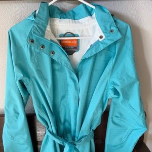 Merrell women's tunic length belted rain jacket shell